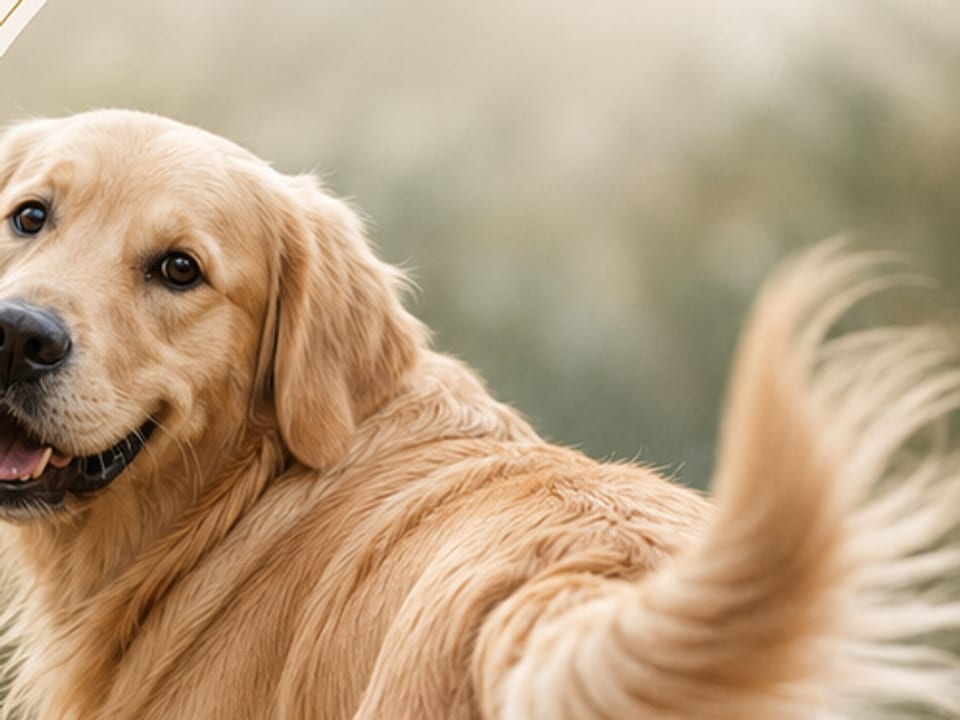 Cão golden retriever em pé ao ar livre, com a cauda levantada e o corpo atento