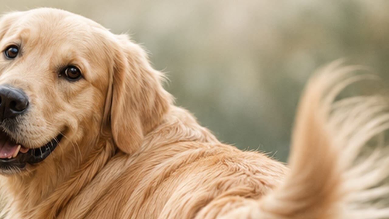 Cão golden retriever em pé ao ar livre, com a cauda levantada e o corpo atento