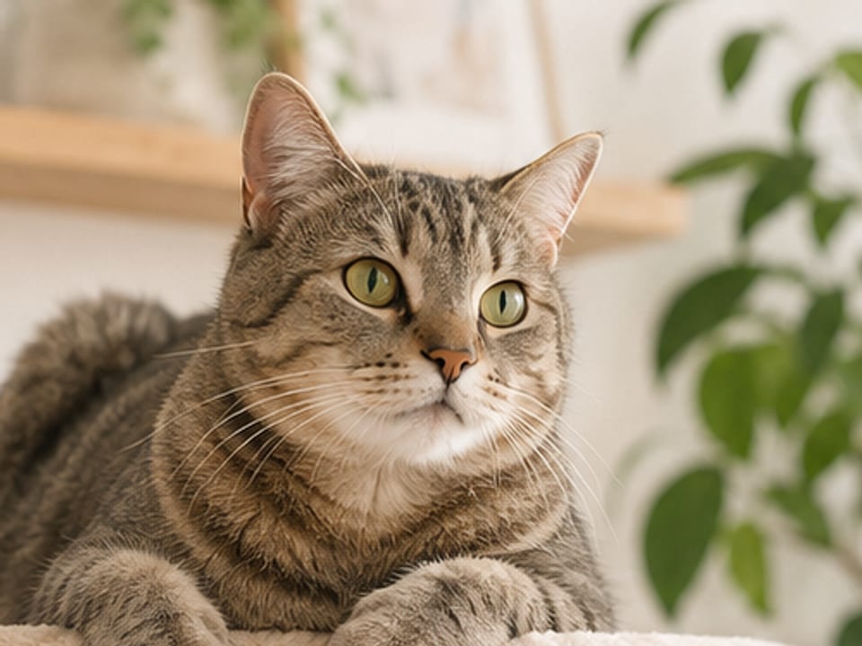 Gato descansando no topo de um arranhador, com plantas e prateleiras ao fundo