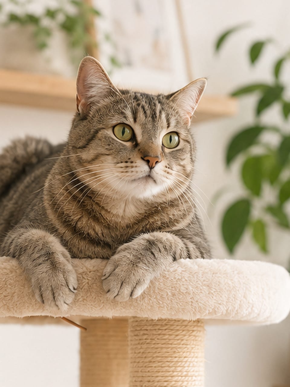 Gato descansando no topo de um arranhador, em ambiente doméstico tranquilo