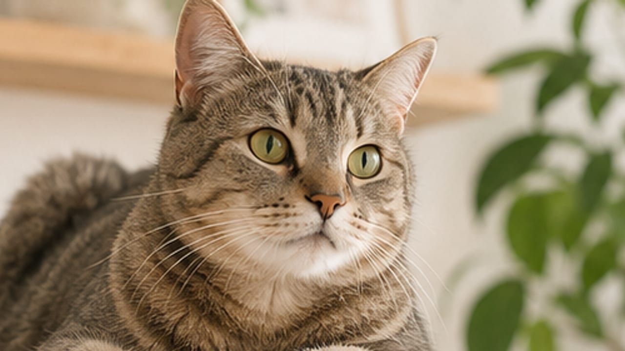 Gato descansando no topo de um arranhador, com plantas e prateleiras ao fundo