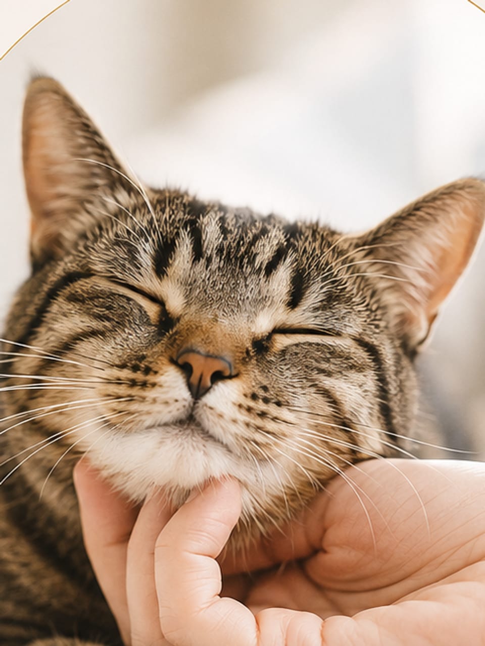 Gato tigrado de olhos fechados, relaxado, recebendo carinho sob o queixo