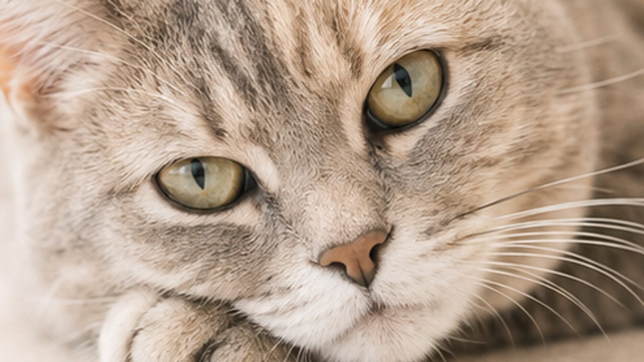 Gato cinza deitado com as patas recolhidas, olhar atento e corpo tenso
