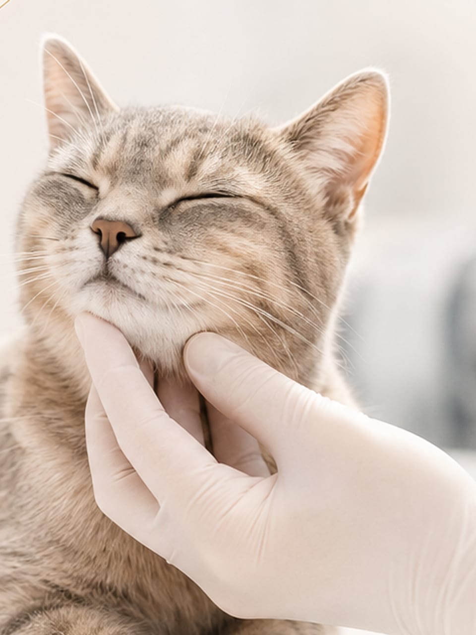 Gato tranquilo sendo contido com delicadeza por mão enluvada durante o exame